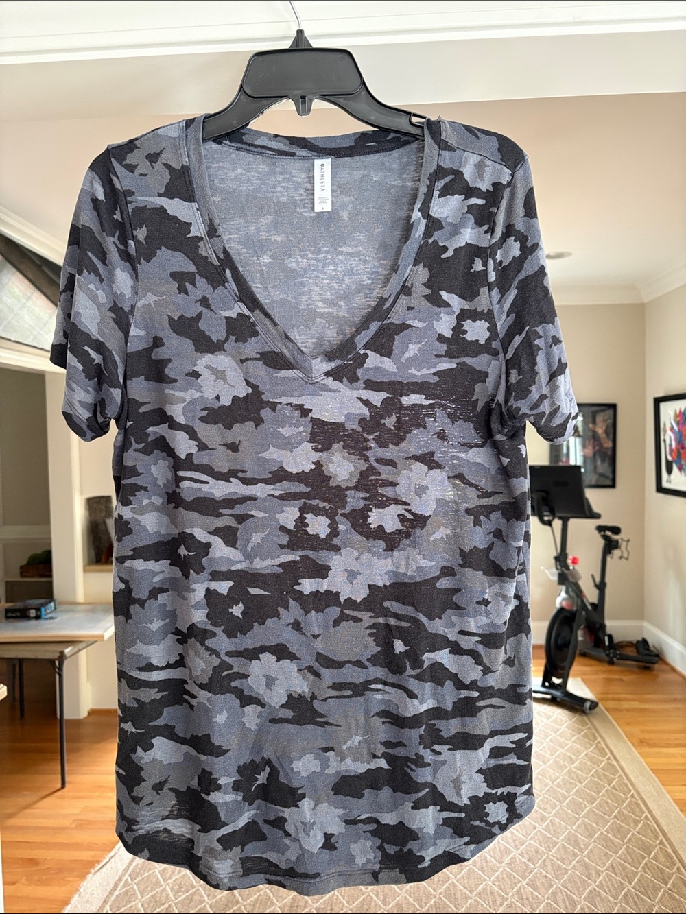 Athleta V-Neck Camouflage T-Shirt in Gray, Blue & Black